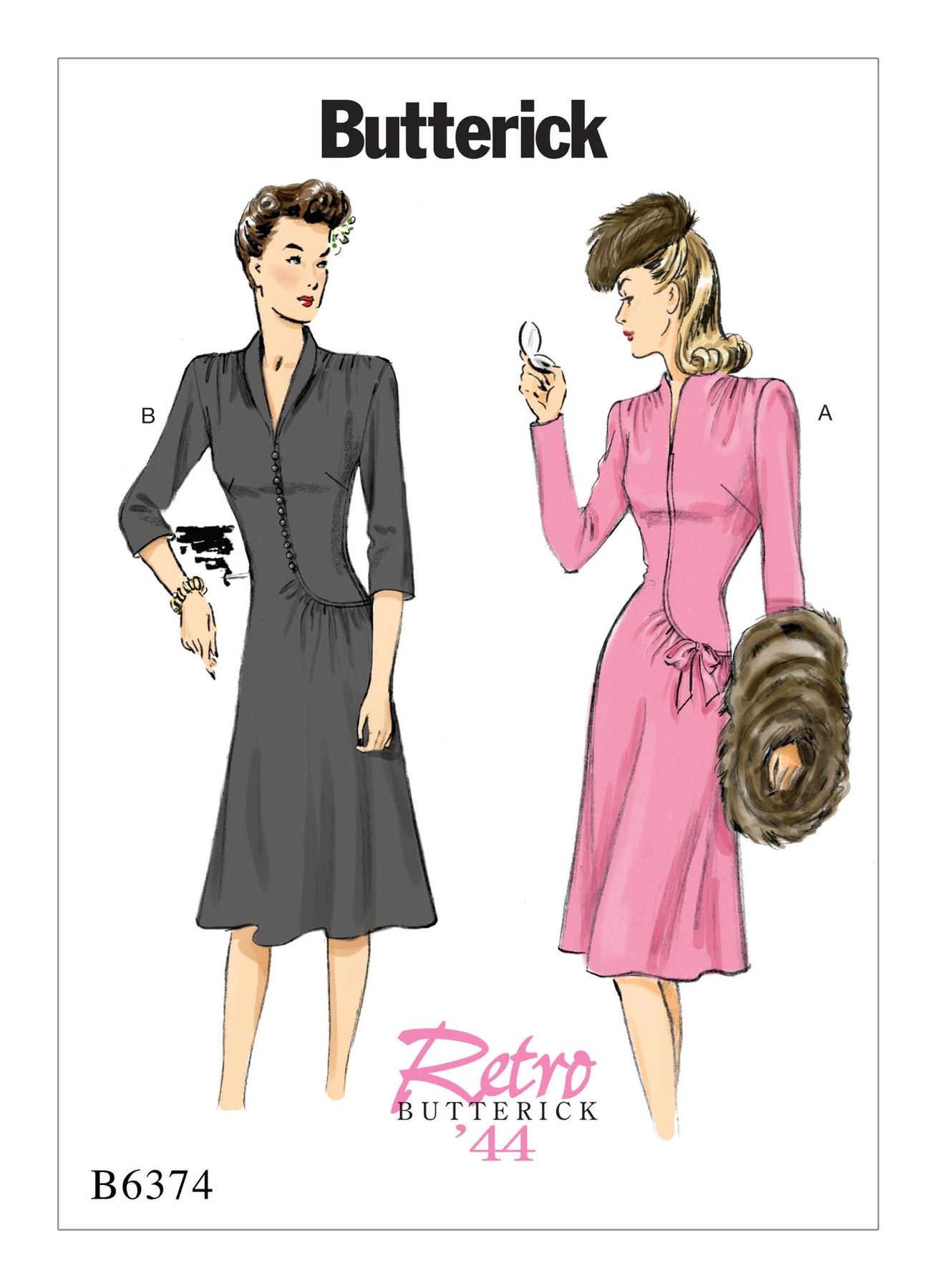 Butterick Sewing Pattern 1940s Misses' Swan-Neck or Shawl Collar Dresses with Asymmetrical Gathers (PDF) 1 Butterick Sewing Pattern 1940s Misses' Swan-Neck or Shawl Collar Dresses with Asymmetrical Gathers (PDF)