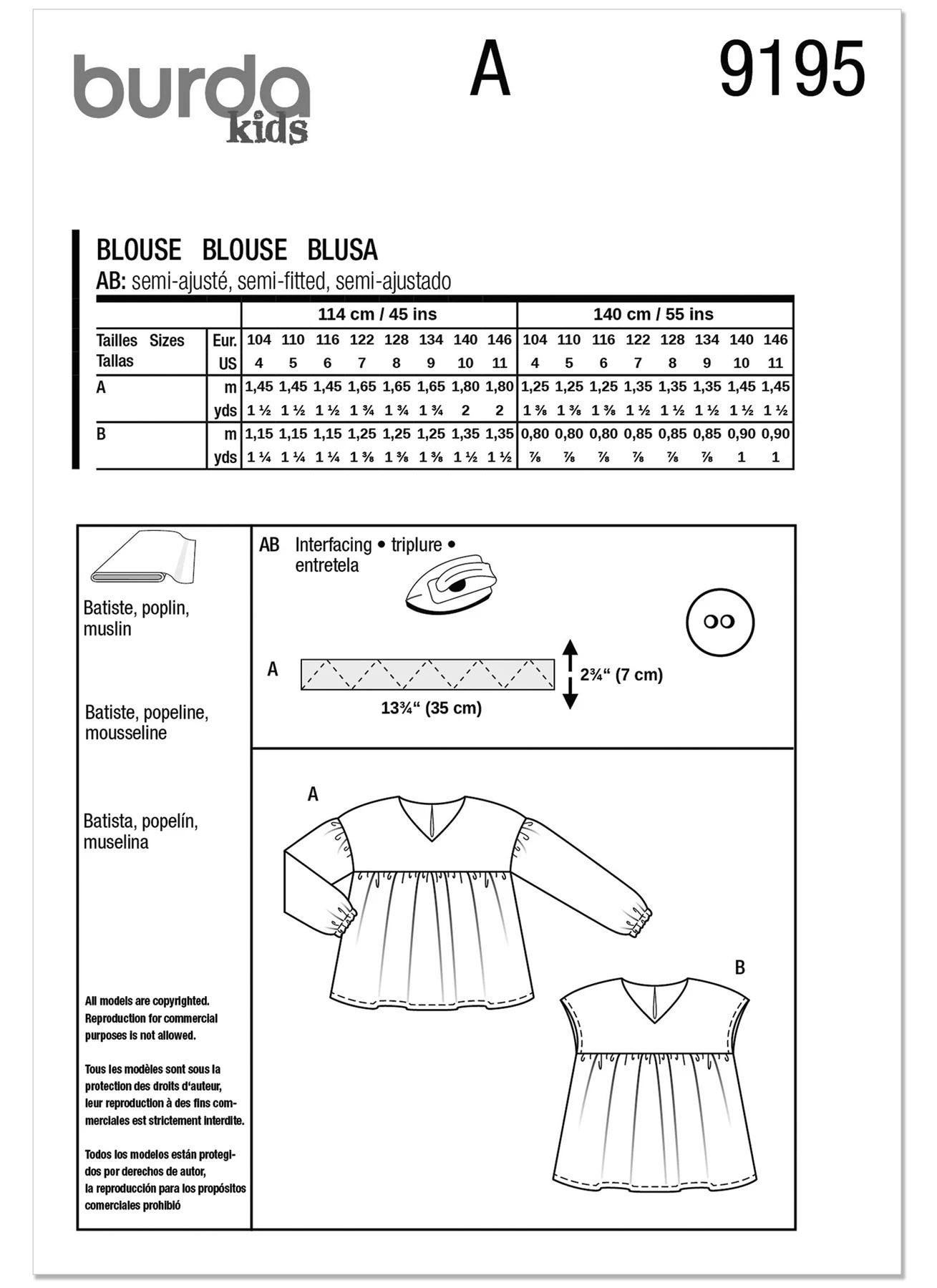 Burda Style Pattern 9195 Children's Blouse 8 Burda Style Pattern 9195 Children's Blouse