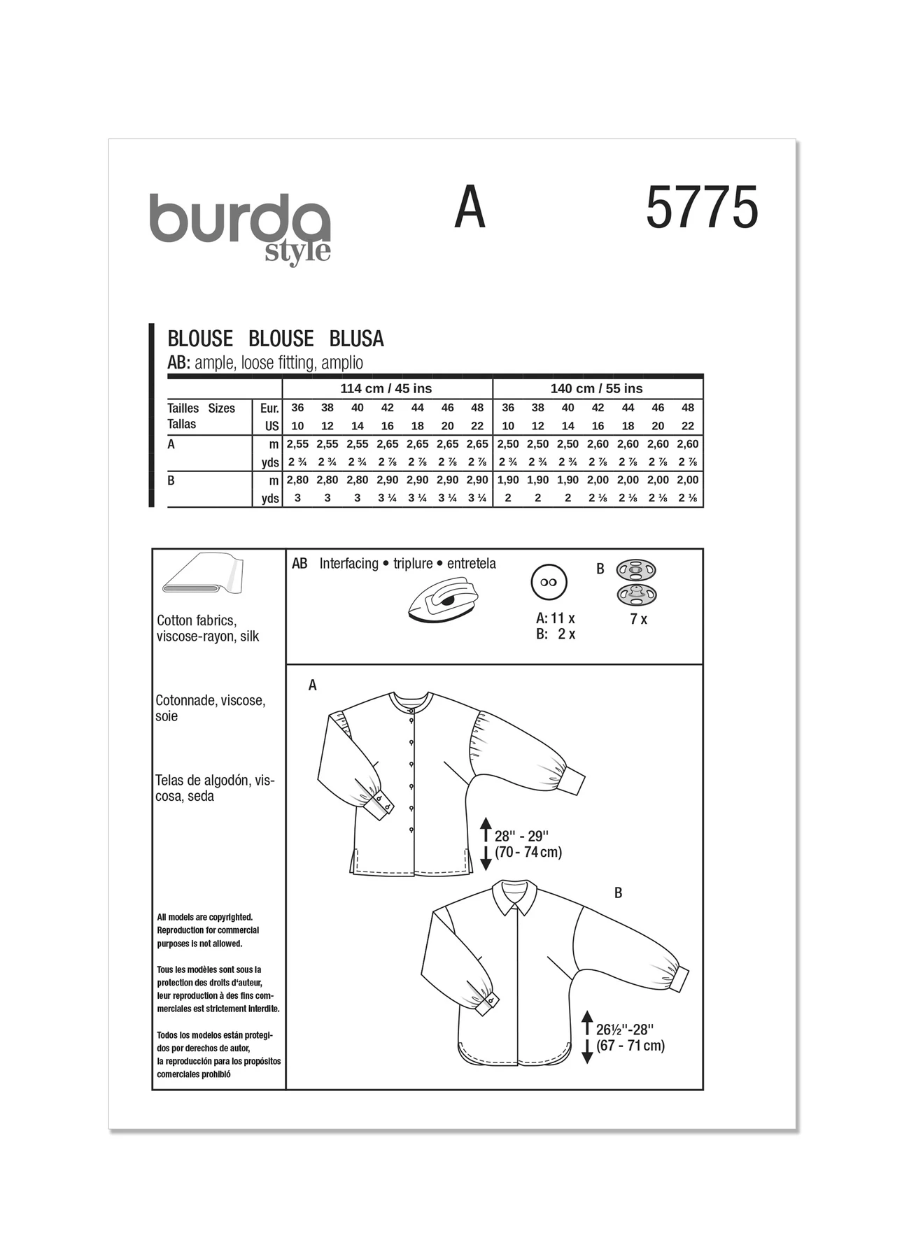 Burda Style Sewing Pattern 5775 Misses' Blouses 10 Burda Style Sewing Pattern 5775 Misses' Blouses