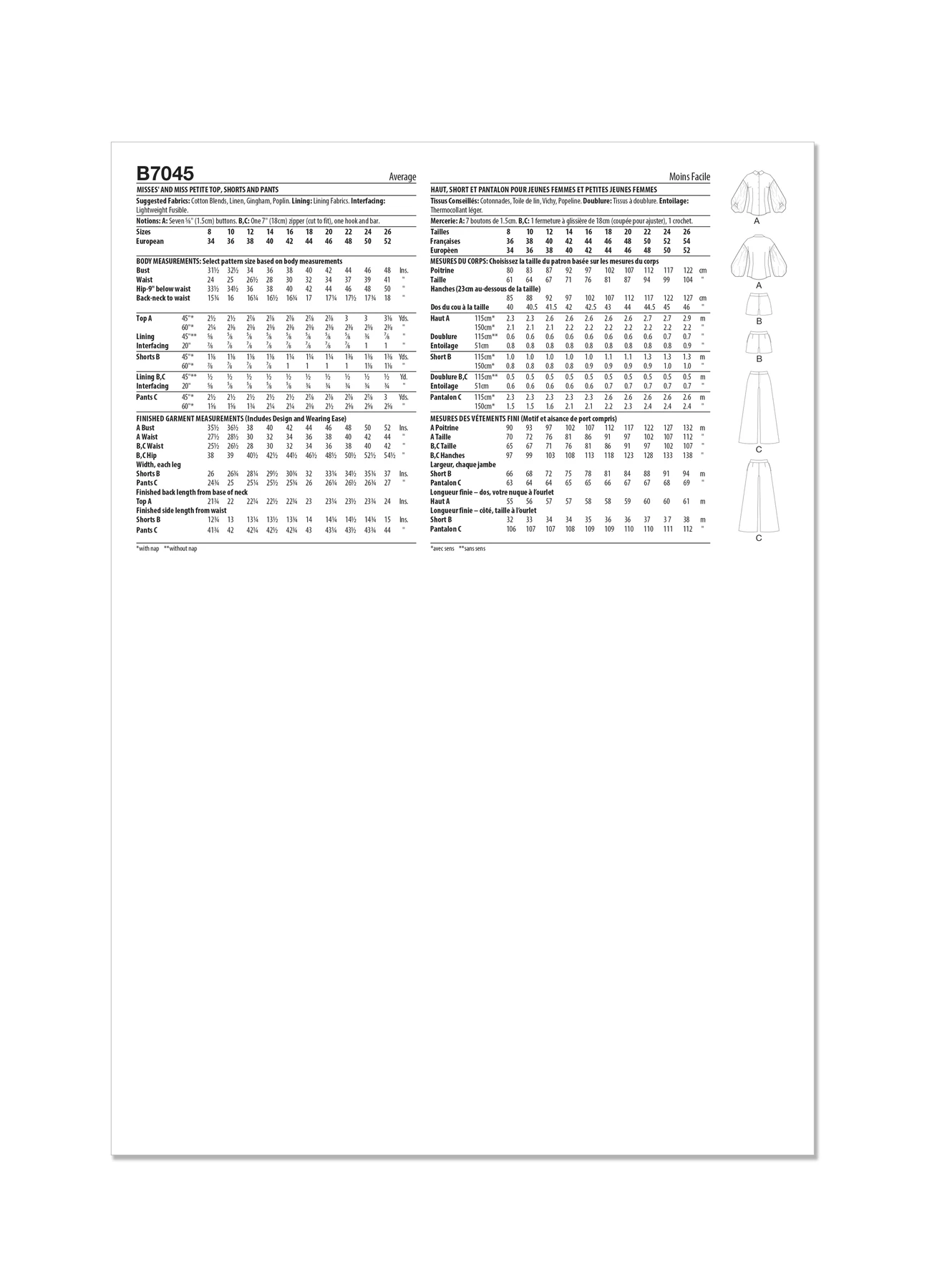 Butterick Sewing Pattern Misses' and Miss Petite Top, Shorts and Pants (PDF) 7 Butterick Sewing Pattern Misses' and Miss Petite Top, Shorts and Pants (PDF)