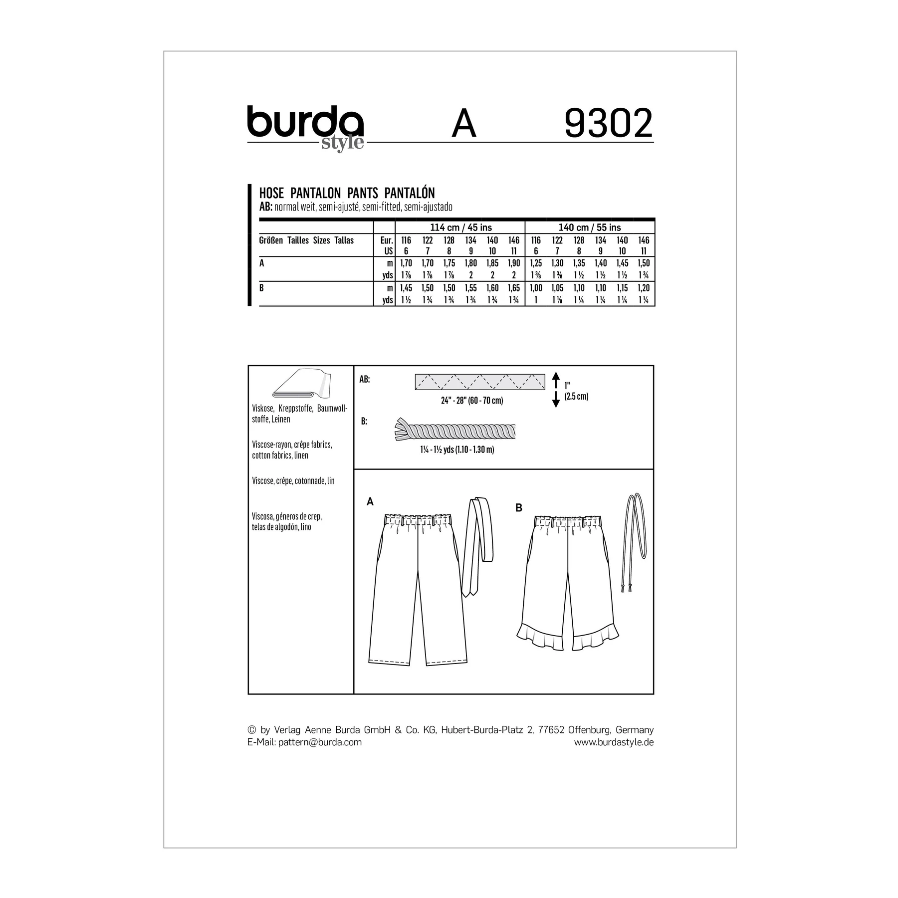 Burda Style Sewing Pattern Children's Pull-on Pants with length Variations 4 Burda Style Sewing Pattern Children's Pull-on Pants with length Variations