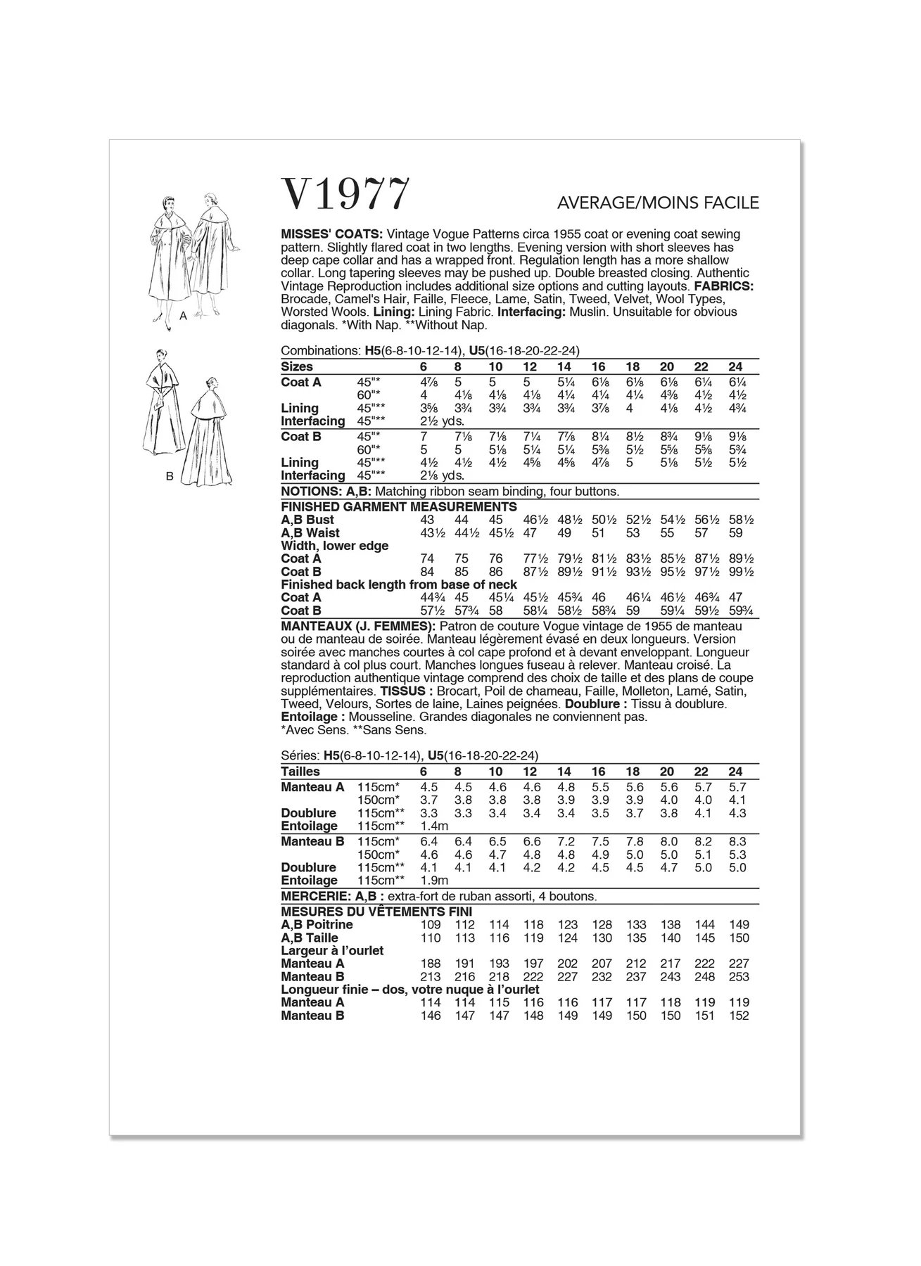 Vogue Patterns 1950s Misses' Coats 4 Vogue Patterns 1950s Misses' Coats