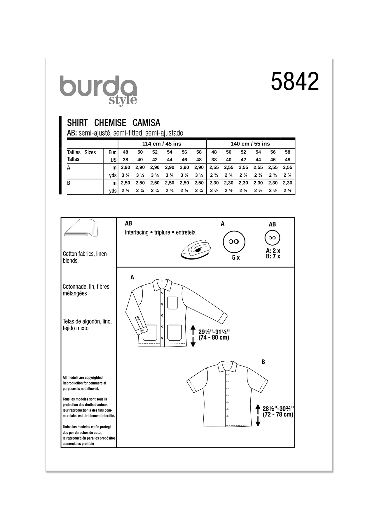 Burda Style Sewing Pattern 5842 Men's Shirt 10 Burda Style Sewing Pattern 5842 Men's Shirt